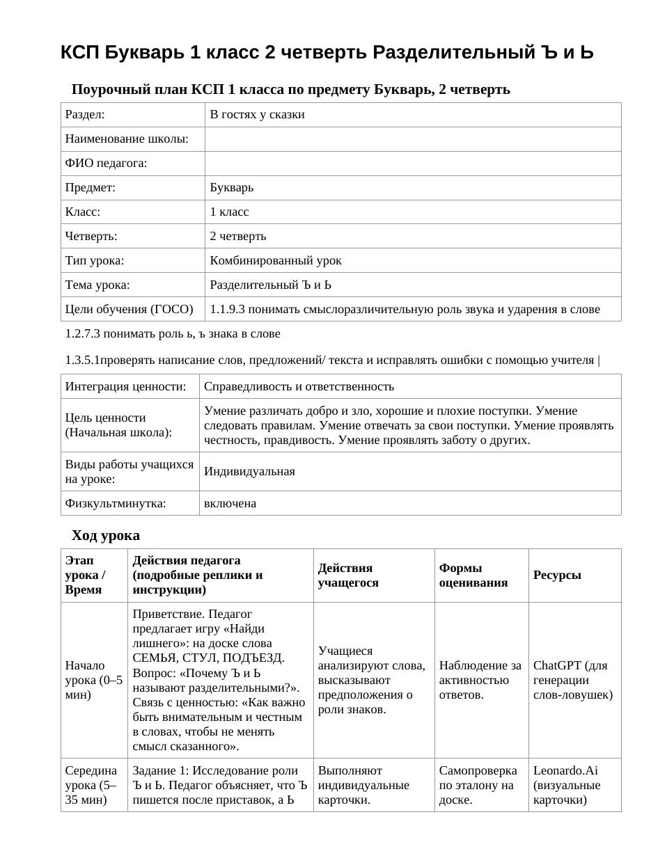 КСП Букварь 1 класс 2 четверть Разделительный Ъ и Ь