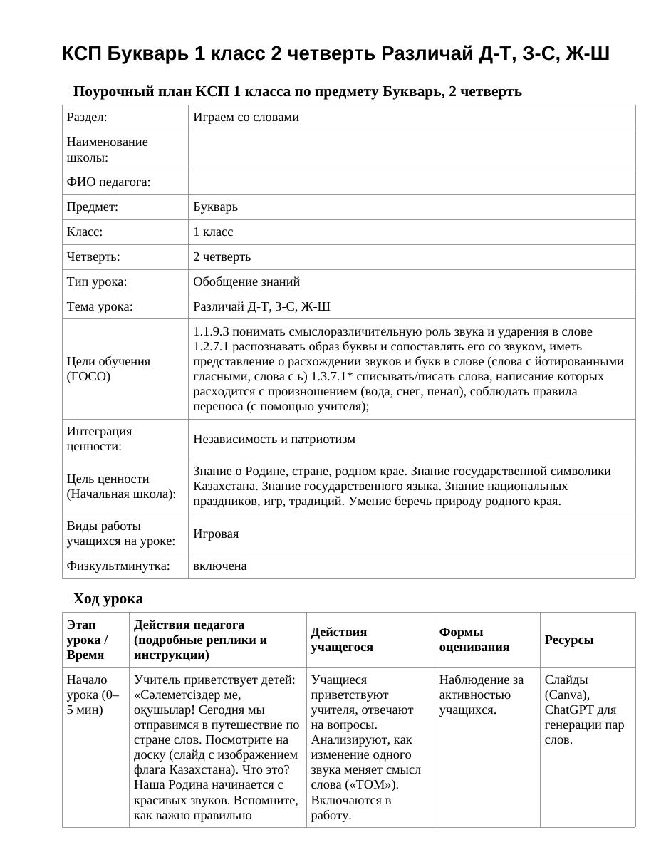 КСП Букварь 1 класс 2 четверть Различай Д-Т, З-С, Ж-Ш