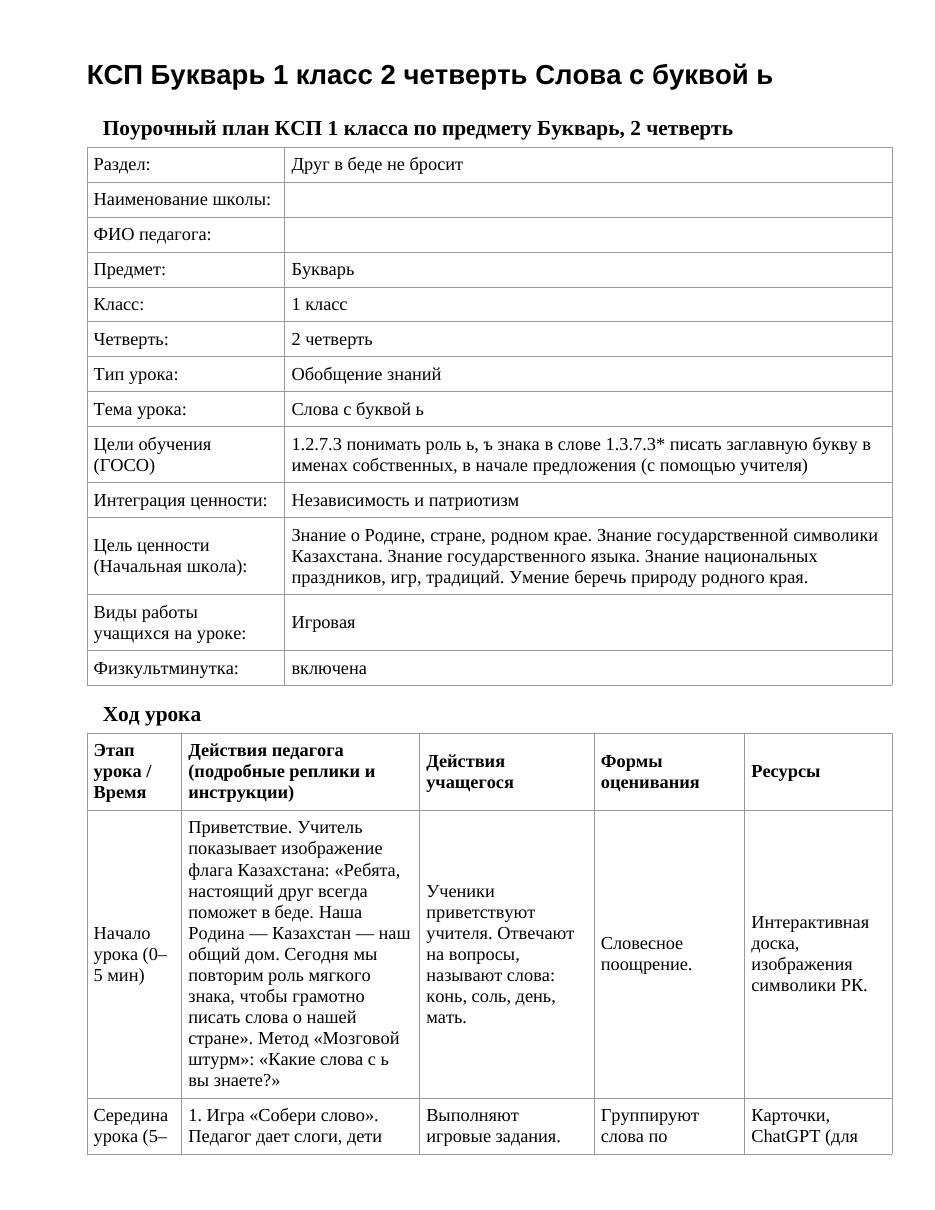 КСП Букварь 1 класс 2 четверть Слова с буквой ь