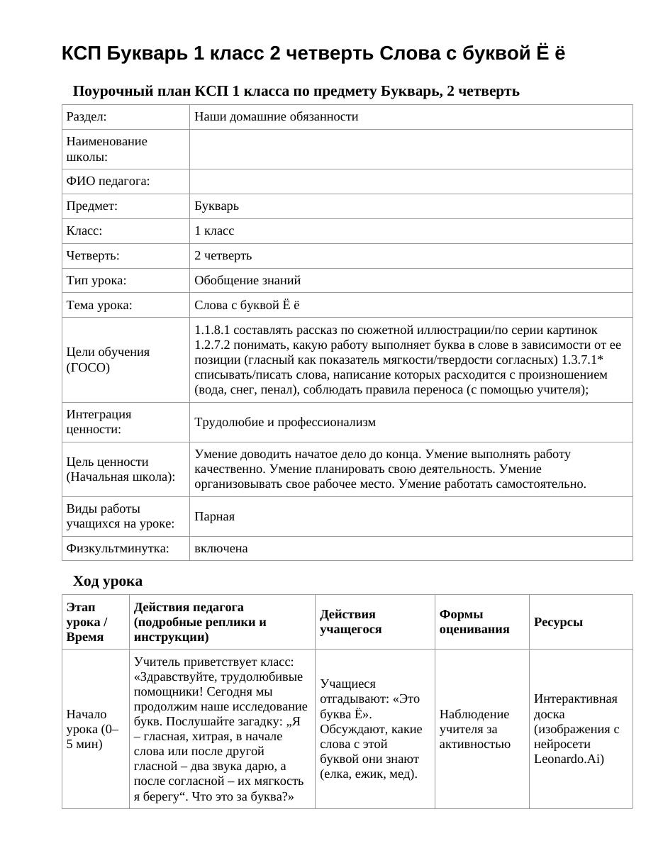 КСП Букварь 1 класс 2 четверть Слова с буквой Ё ё