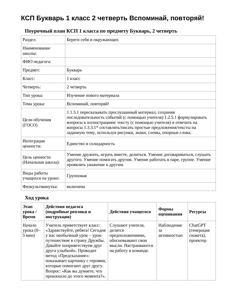 КСП Букварь 1 класс 2 четверть Вспоминай, повторяй!