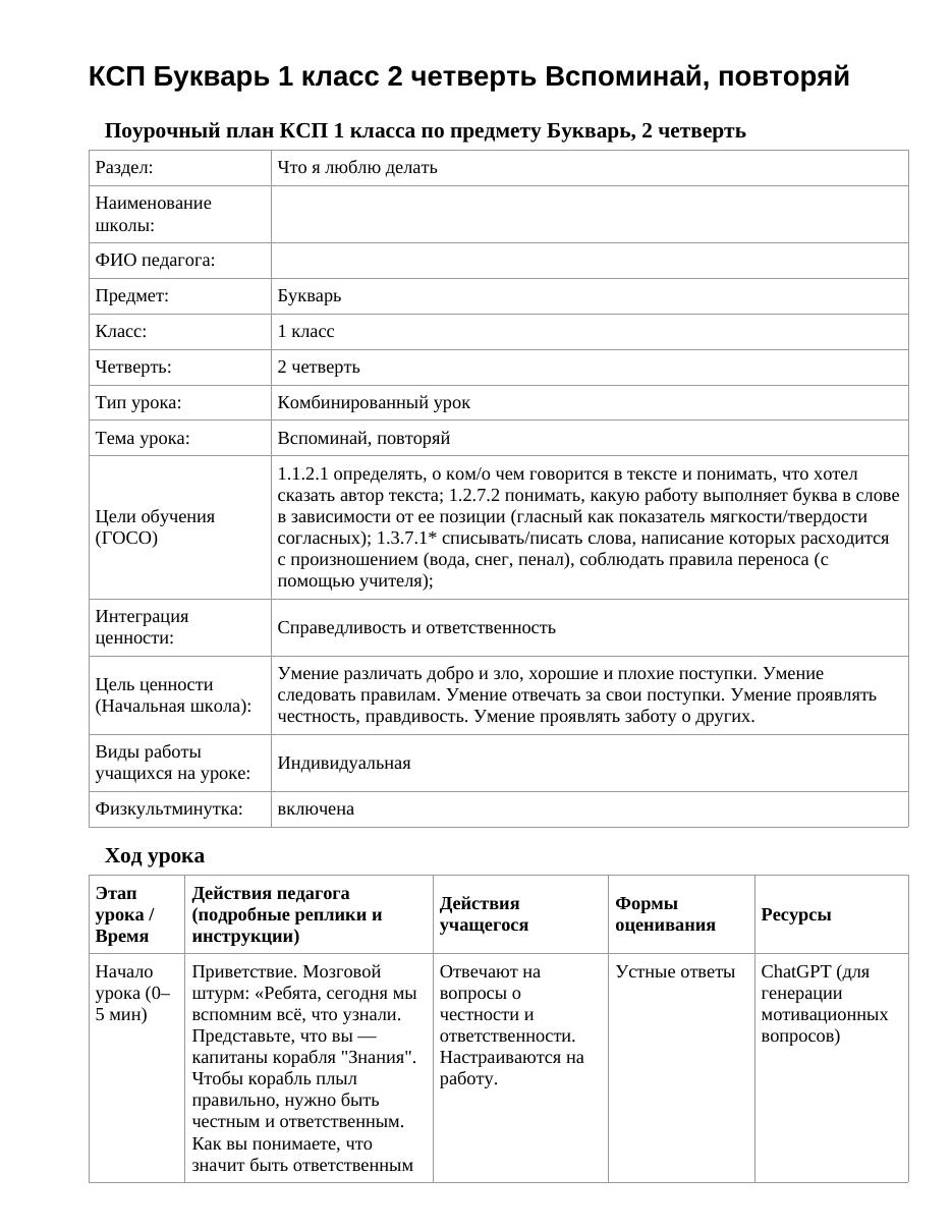 КСП Букварь 1 класс 2 четверть Вспоминай, повторяй