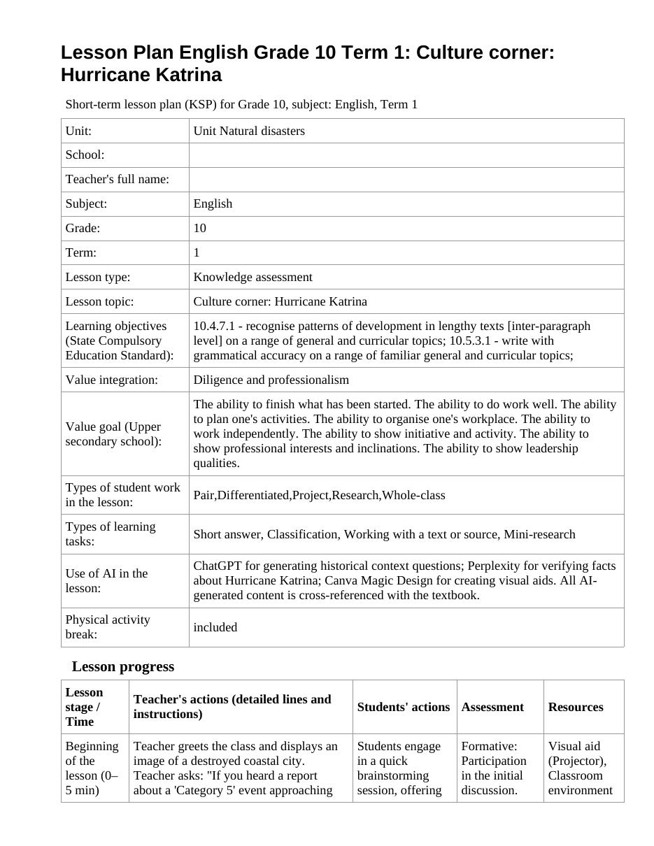 Lesson Plan English Grade 10 Term 1: Culture corner: Hurricane Katrina