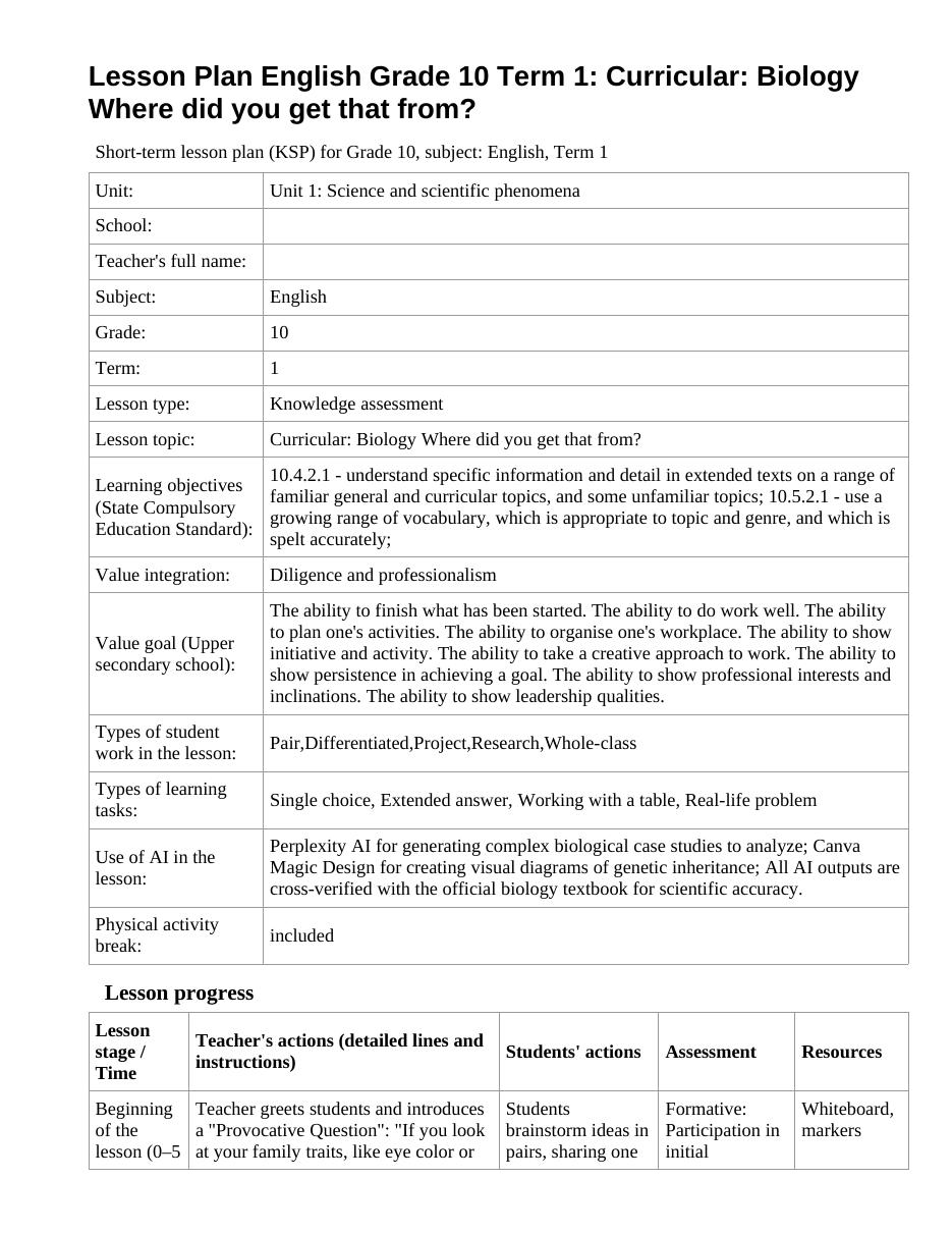 Lesson Plan English Grade 10 Term 1: Curricular: Biology Where did you get that from?