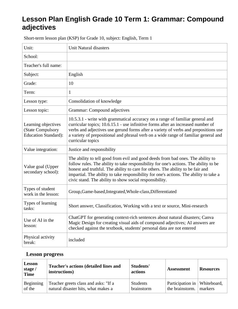 Lesson Plan English Grade 10 Term 1: Grammar: Compound adjectives