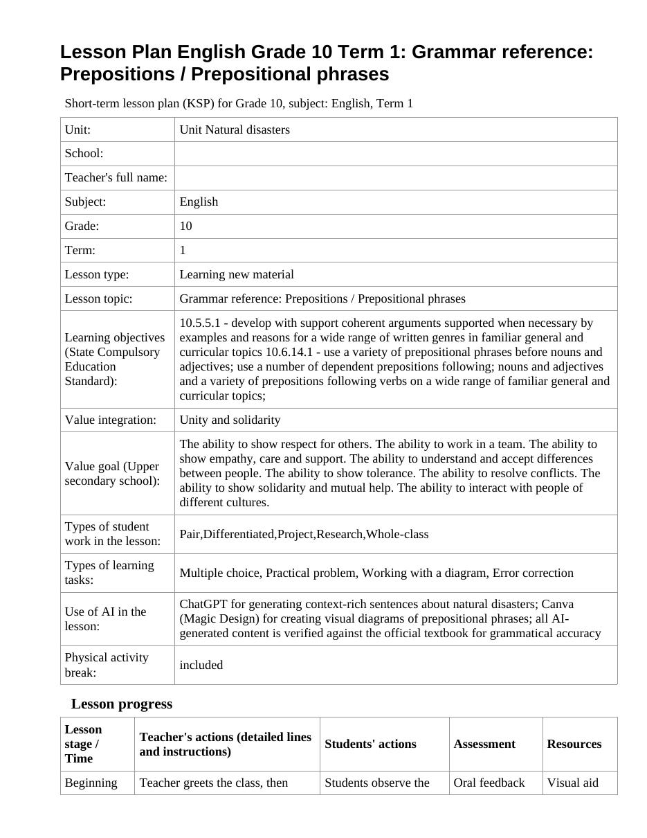 Lesson Plan English Grade 10 Term 1: Grammar reference: Prepositions / Prepositional phrases