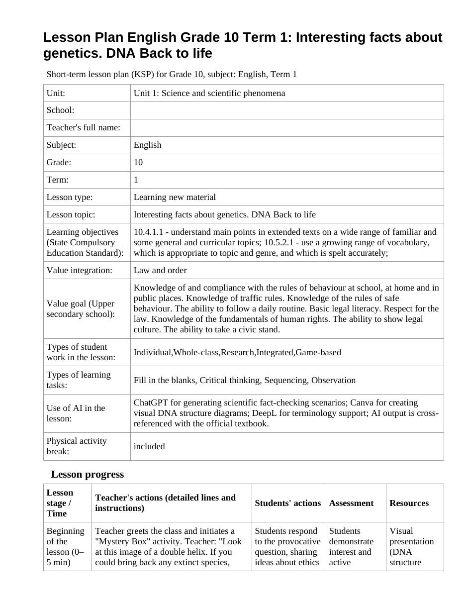 Lesson Plan English Grade 10 Term 1: Interesting facts about genetics. DNA Back to life