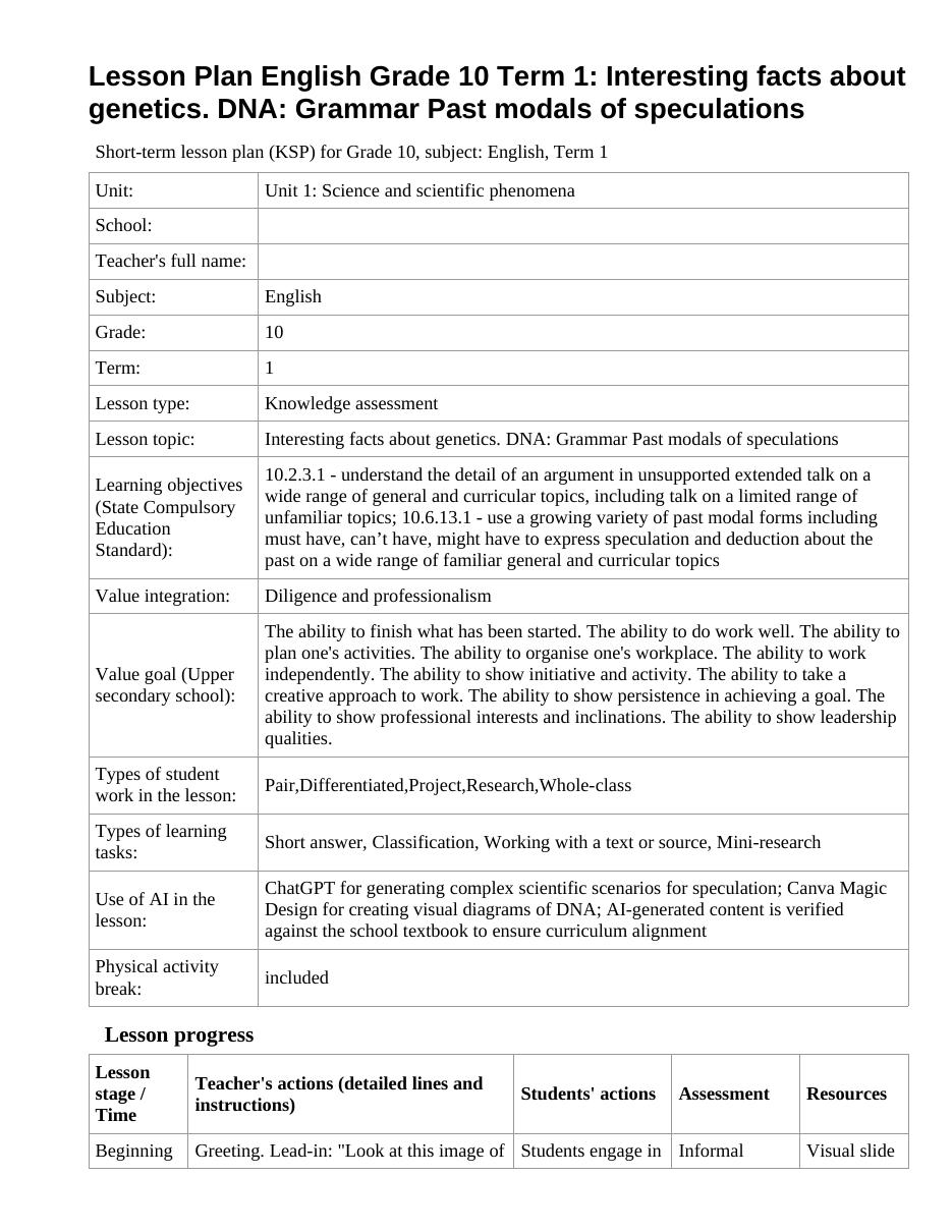 Lesson Plan English Grade 10 Term 1: Interesting facts about genetics. DNA: Grammar Past modals of speculations