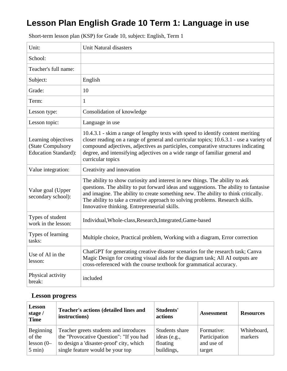Lesson Plan English Grade 10 Term 1: Language in use