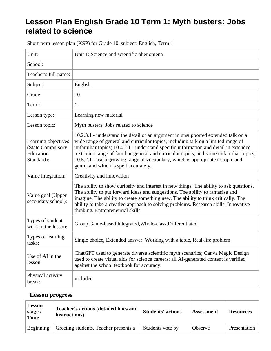 Lesson Plan English Grade 10 Term 1: Myth busters: Jobs related to science