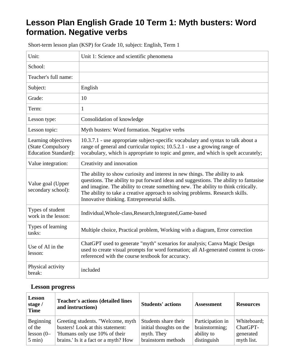 Lesson Plan English Grade 10 Term 1: Myth busters: Word formation. Negative verbs