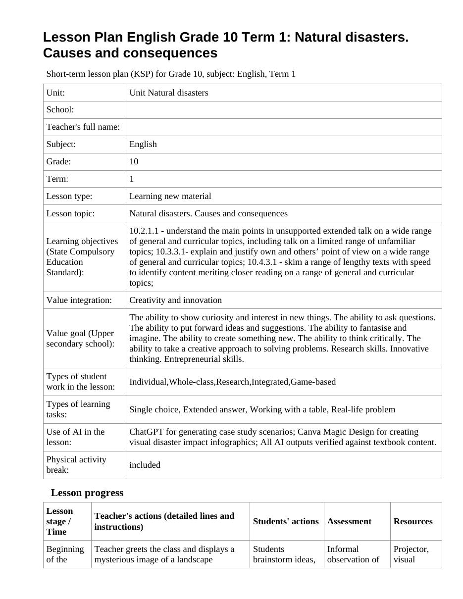 Lesson Plan English Grade 10 Term 1: Natural disasters. Causes and consequences