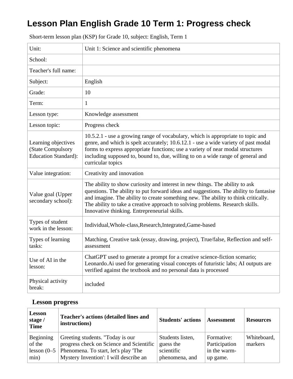 Lesson Plan English Grade 10 Term 1: Progress check (lesson 1)