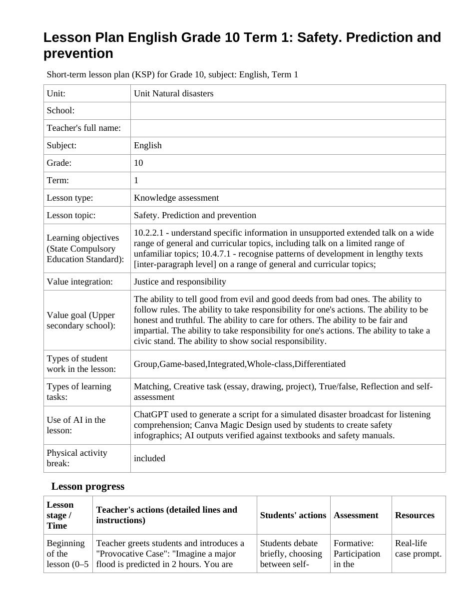 Lesson Plan English Grade 10 Term 1: Safety. Prediction and prevention