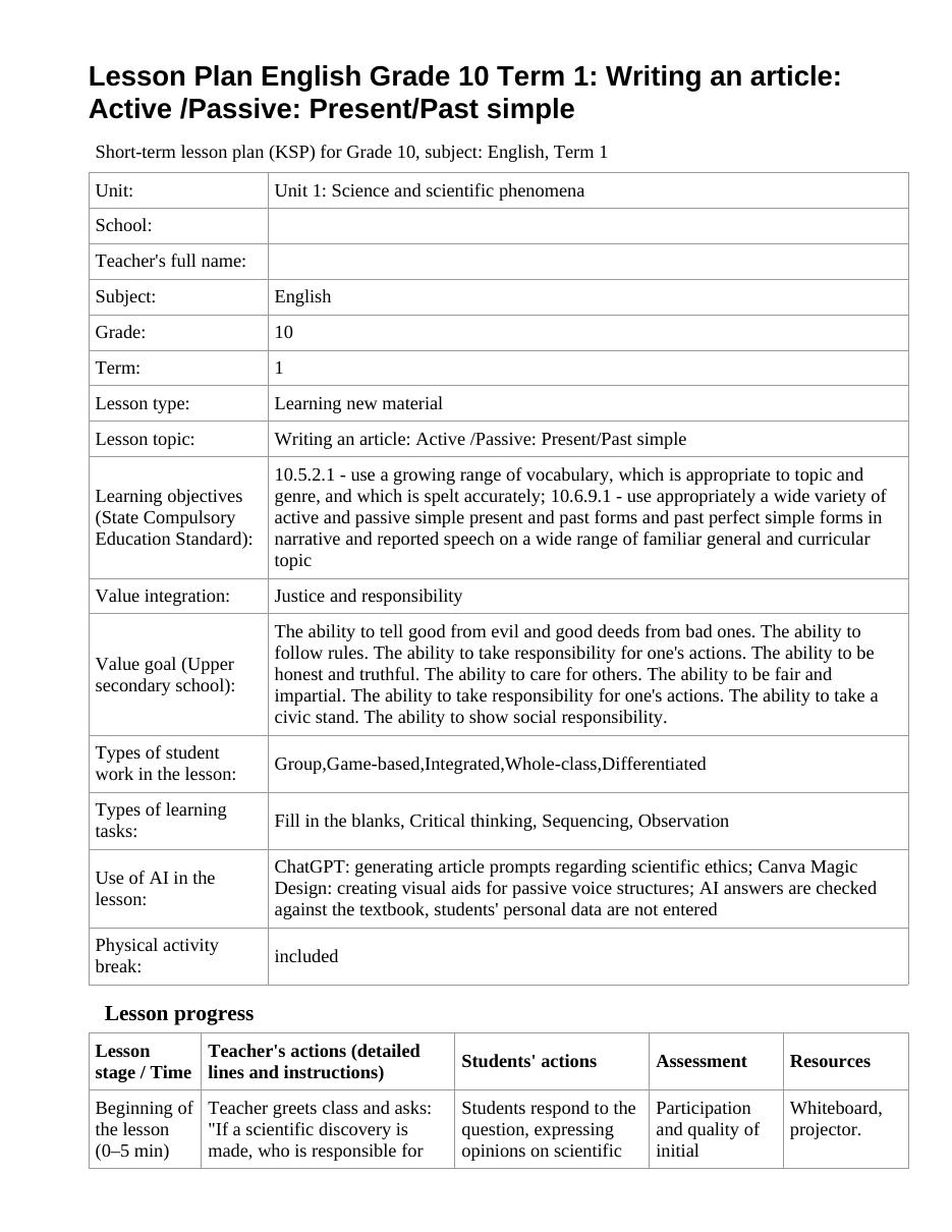 Lesson Plan English Grade 10 Term 1: Writing an article: Active /Passive: Present/Past simple
