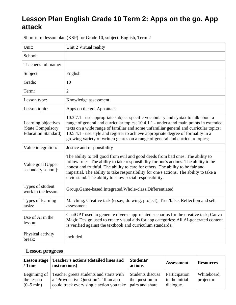 Lesson Plan English Grade 10 Term 2: Apps on the go. App attack