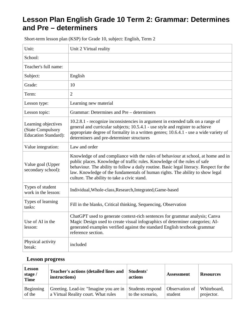 Lesson Plan English Grade 10 Term 2: Grammar: Determines and Pre – determiners