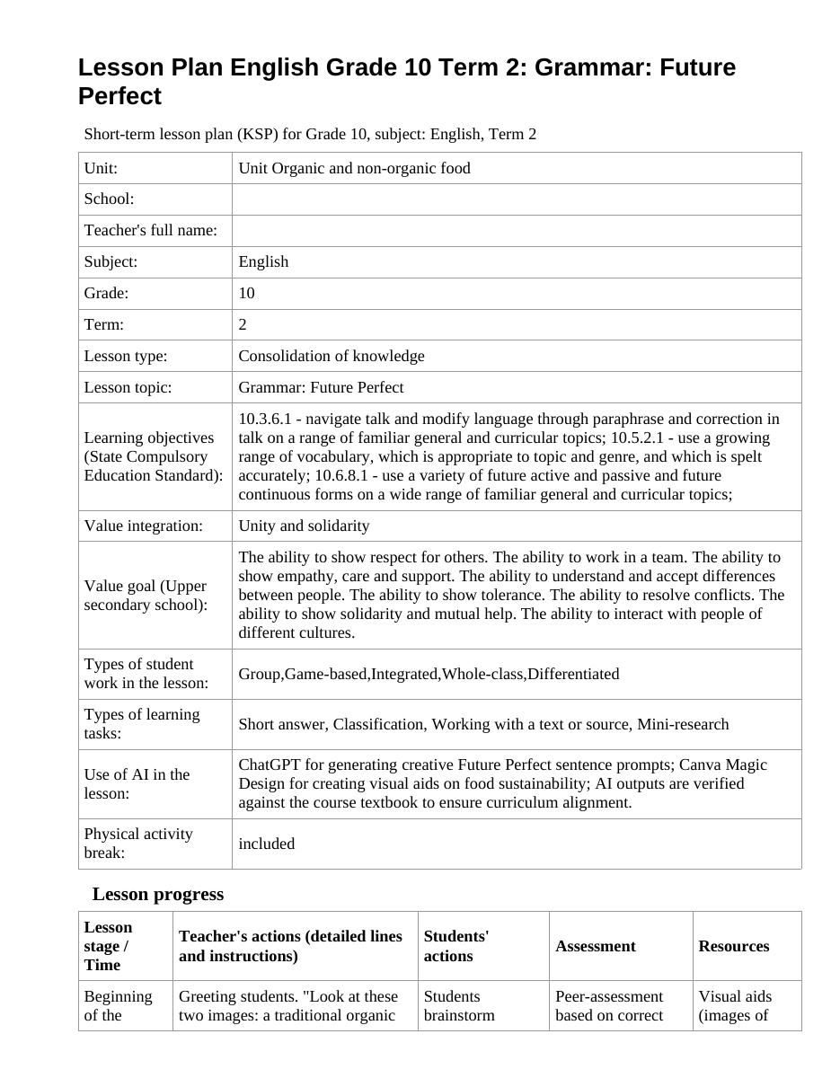 Lesson Plan English Grade 10 Term 2: Grammar: Future Perfect