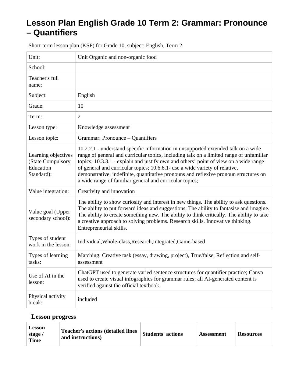 Lesson Plan English Grade 10 Term 2: Grammar: Pronounce – Quantifiers