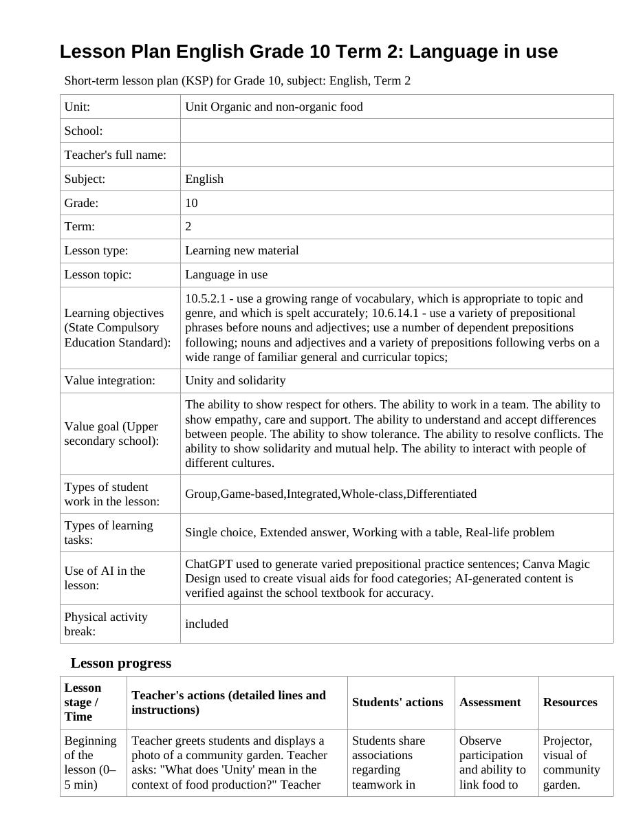 Lesson Plan English Grade 10 Term 2: Language in use