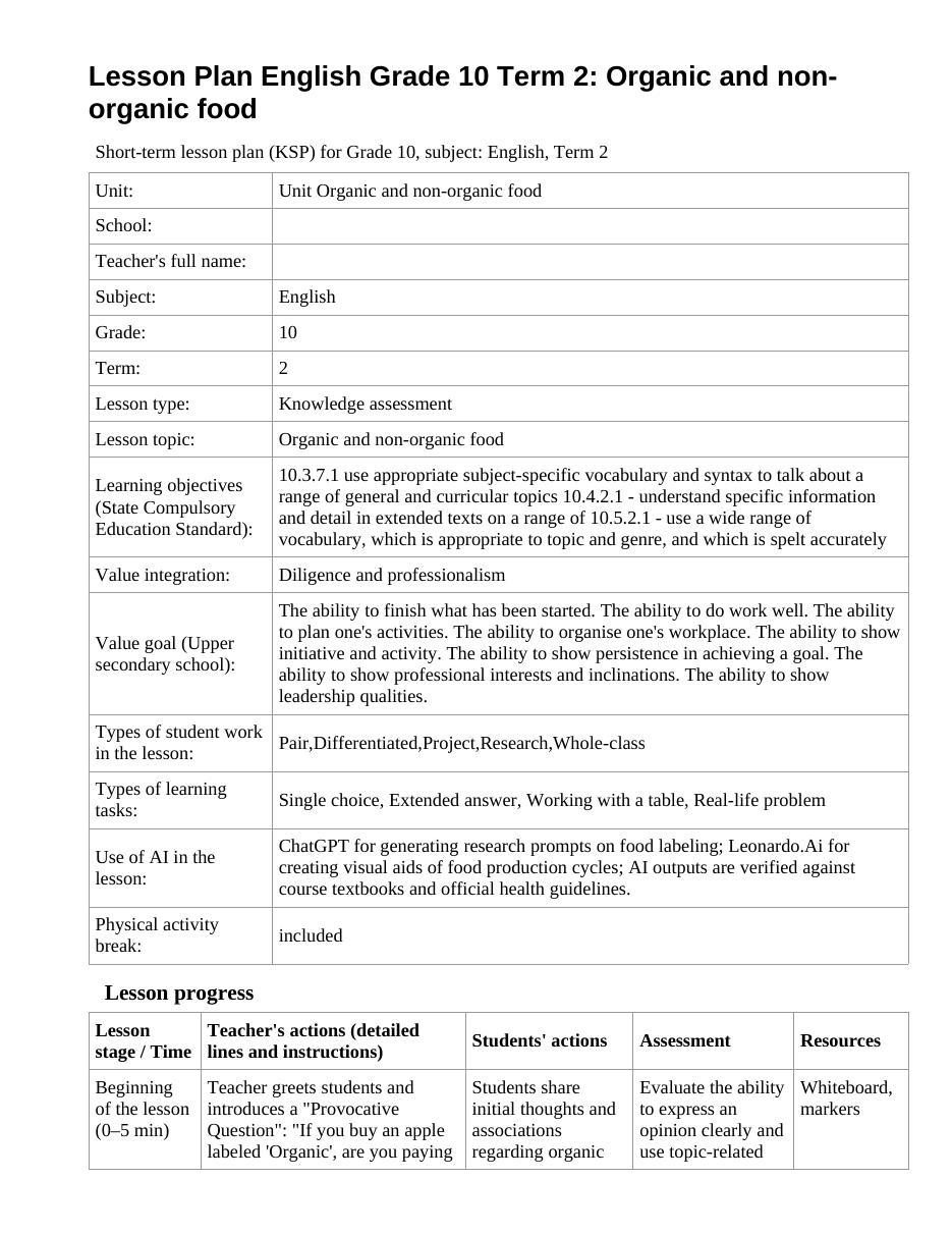 Lesson Plan English Grade 10 Term 2: Organic and non-organic food