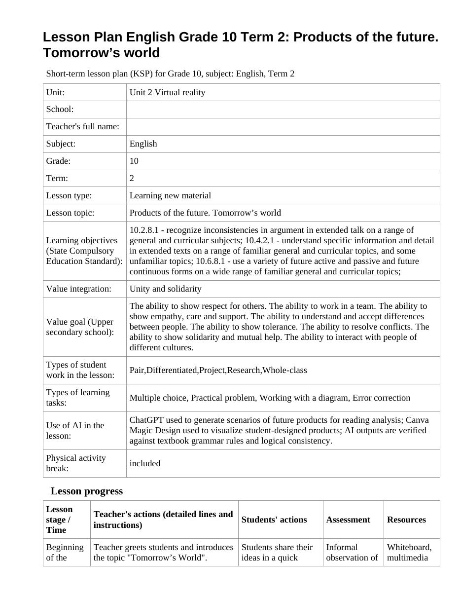Lesson Plan English Grade 10 Term 2: Products of the future. Tomorrow’s world