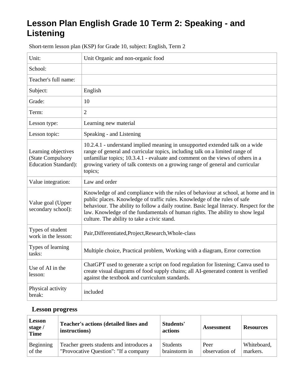 Lesson Plan English Grade 10 Term 2: Speaking - and Listening