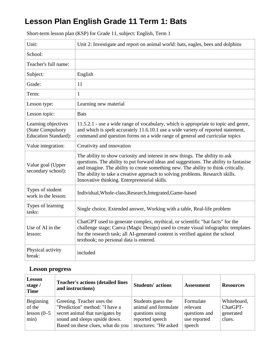 Lesson Plan English Grade 11 Term 1: Bats