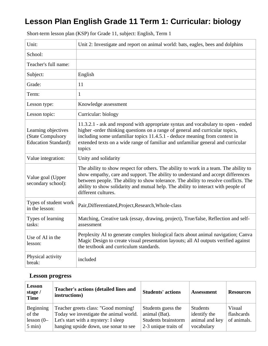 Lesson Plan English Grade 11 Term 1: Curricular: biology (lesson 2)