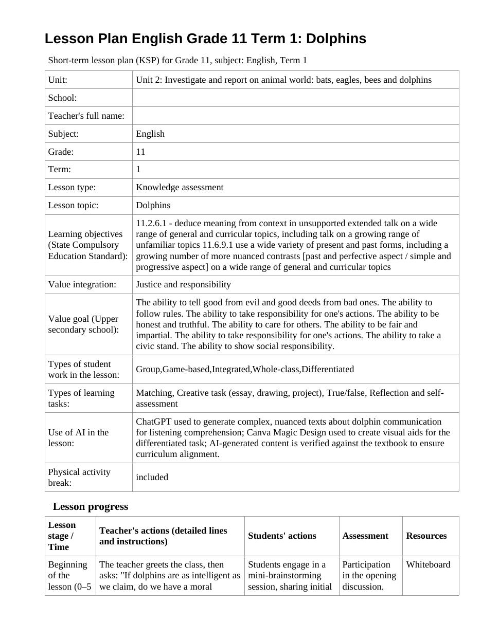 Lesson Plan English Grade 11 Term 1: Dolphins