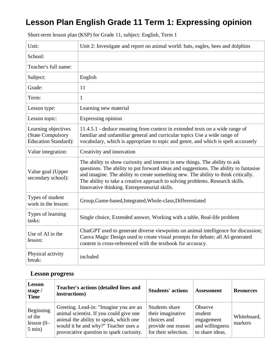 Lesson Plan English Grade 11 Term 1: Expressing opinion