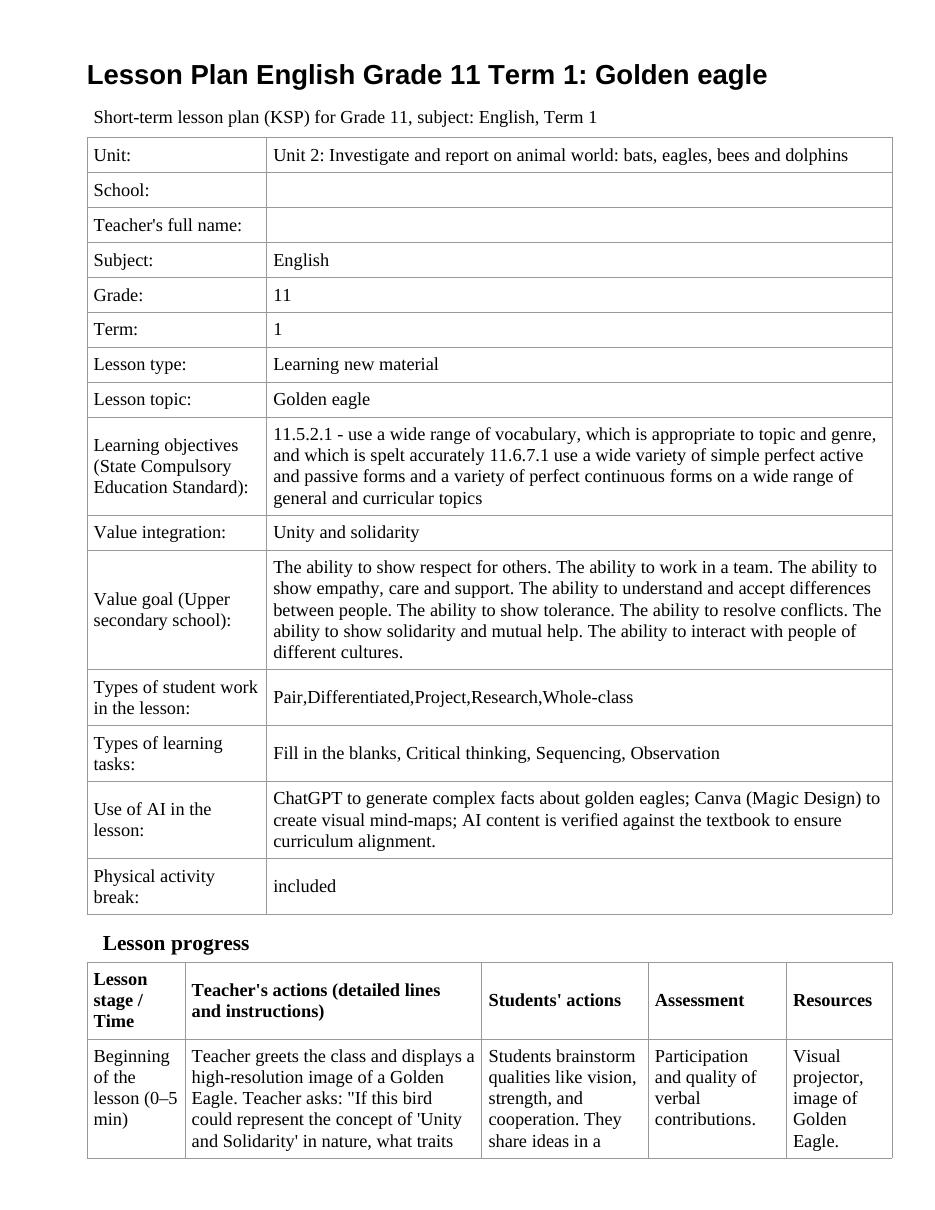 Lesson Plan English Grade 11 Term 1: Golden eagle