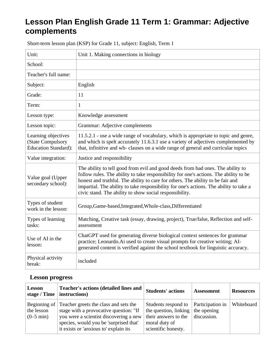 Lesson Plan English Grade 11 Term 1: Grammar: Adjective complements