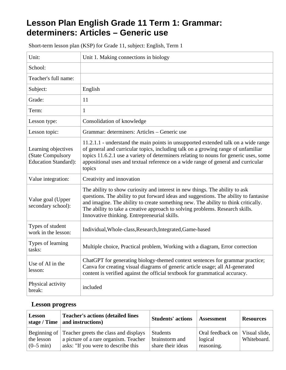 Lesson Plan English Grade 11 Term 1: Grammar: determiners: Articles – Generic use