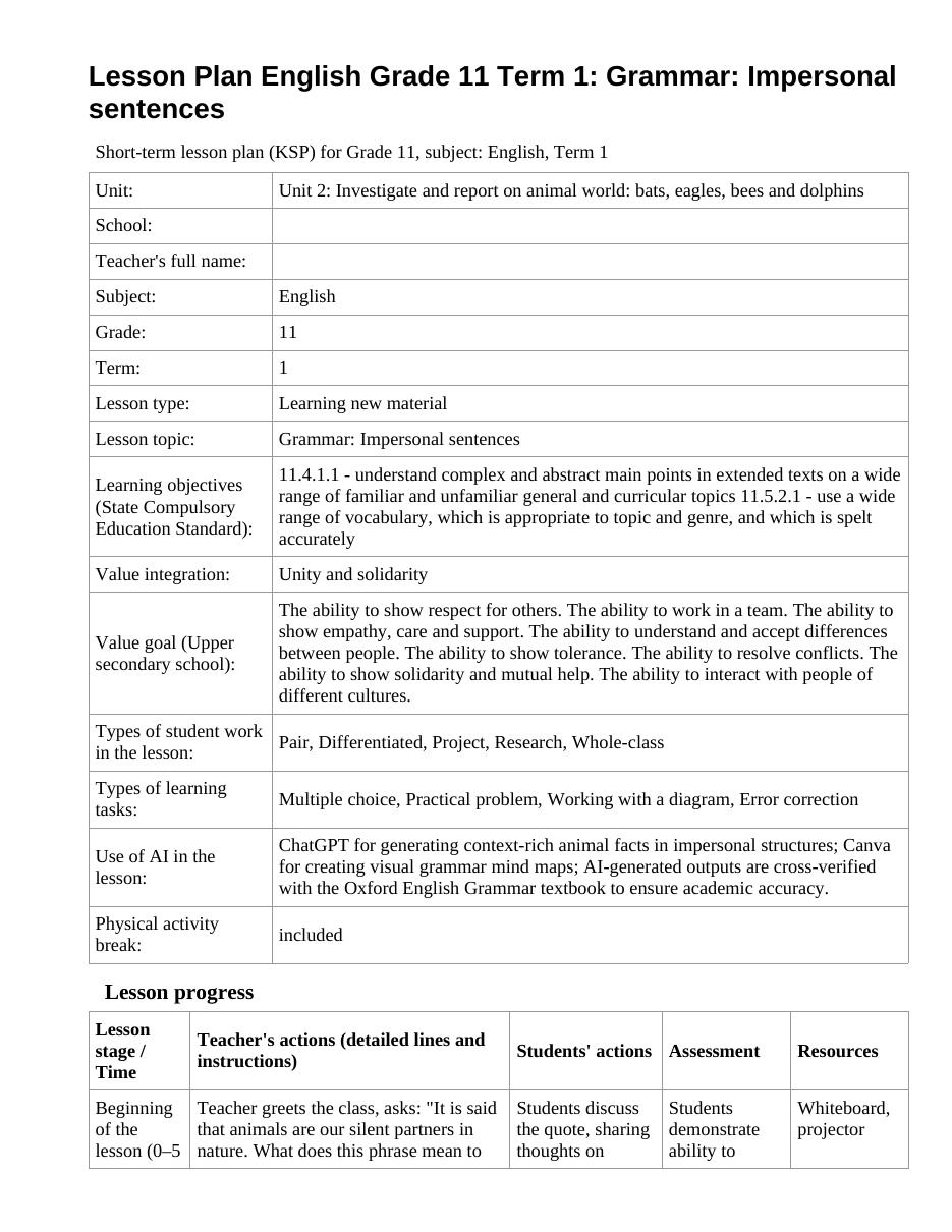 Lesson Plan English Grade 11 Term 1: Grammar: Impersonal sentences