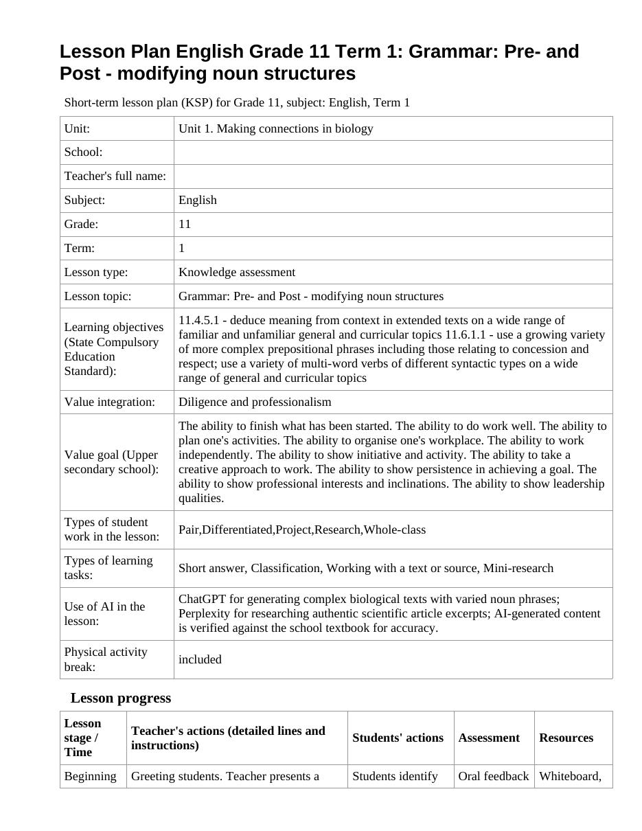 Lesson Plan English Grade 11 Term 1: Grammar: Pre- and Post - modifying noun structures