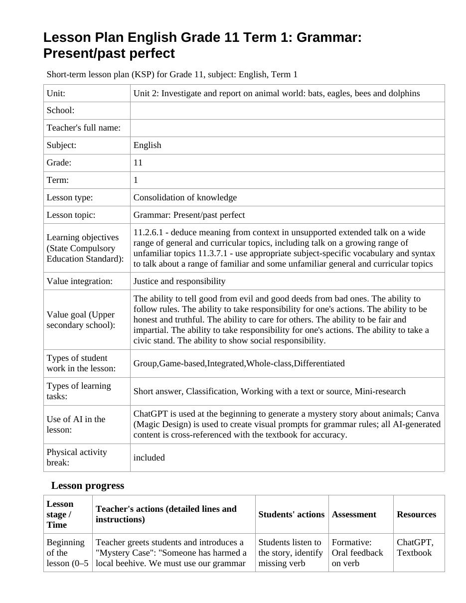 Lesson Plan English Grade 11 Term 1: Grammar: Present/past perfect