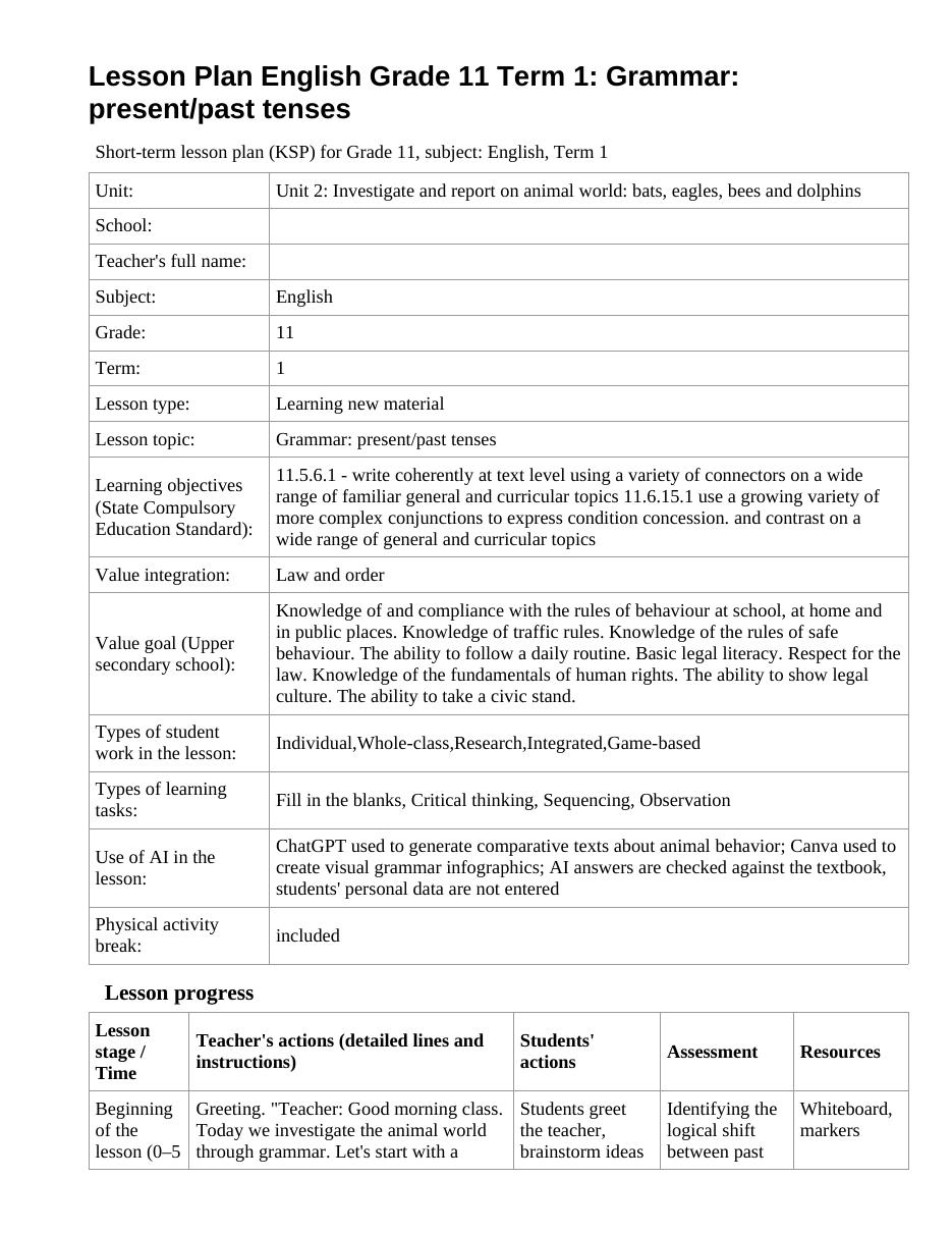 Lesson Plan English Grade 11 Term 1: Grammar: present/past tenses