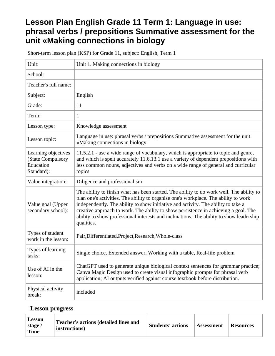 Lesson Plan English Grade 11 Term 1: Language in use: phrasal verbs / prepositions Summative assessment for the unit «Making connections in biology