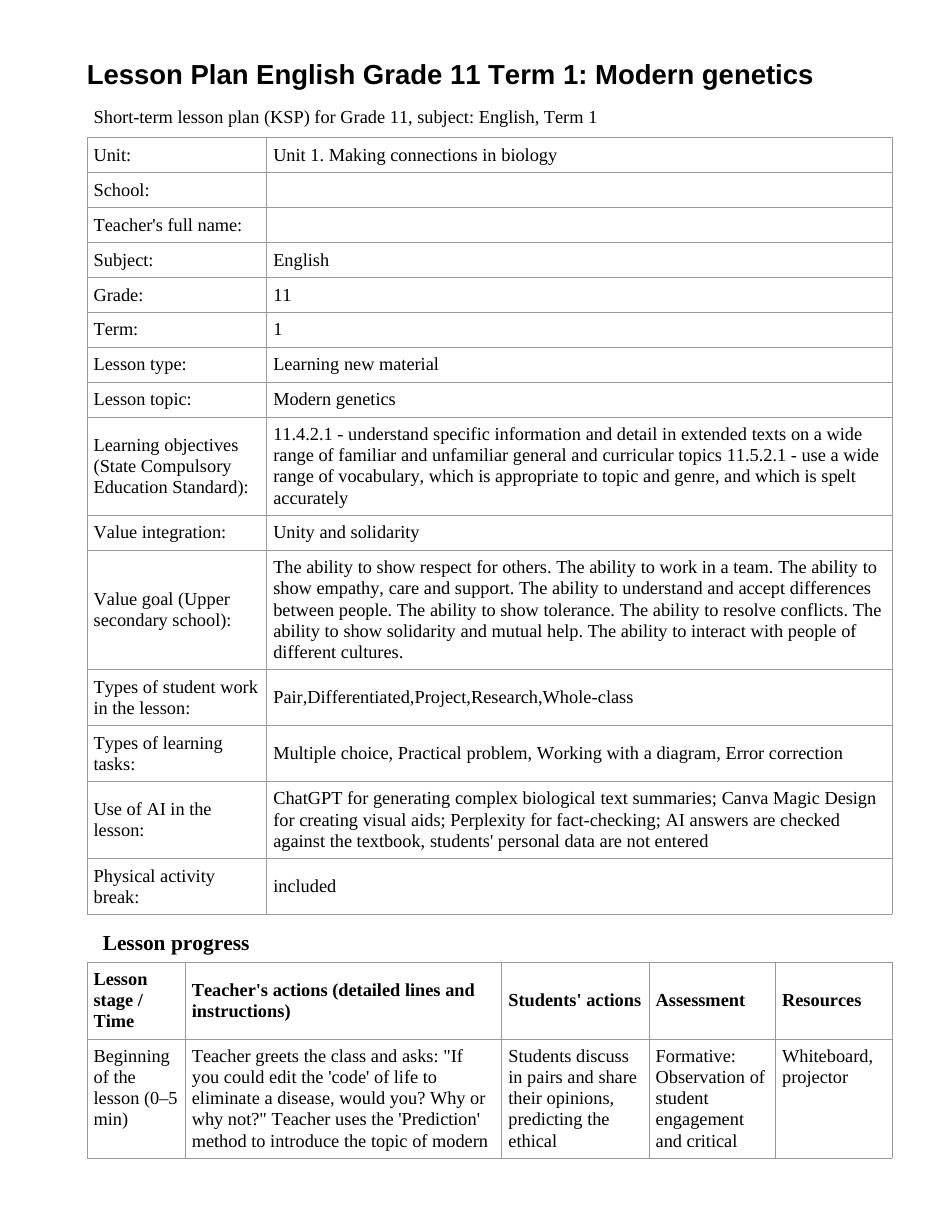 Lesson Plan English Grade 11 Term 1: Modern genetics