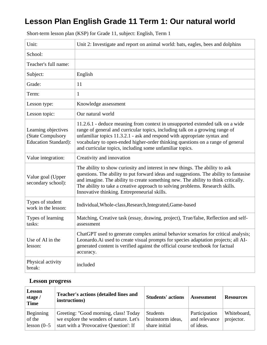 Lesson Plan English Grade 11 Term 1: Our natural world