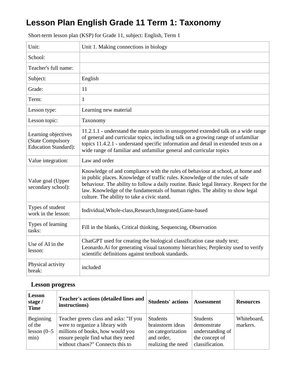 Lesson Plan English Grade 11 Term 1: Taxonomy
