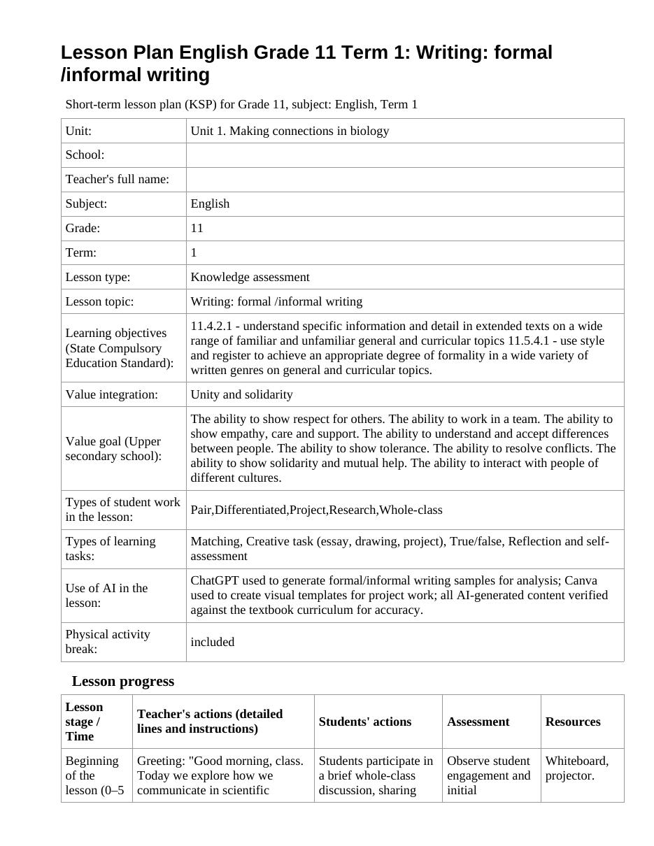 Lesson Plan English Grade 11 Term 1: Writing: formal /informal writing