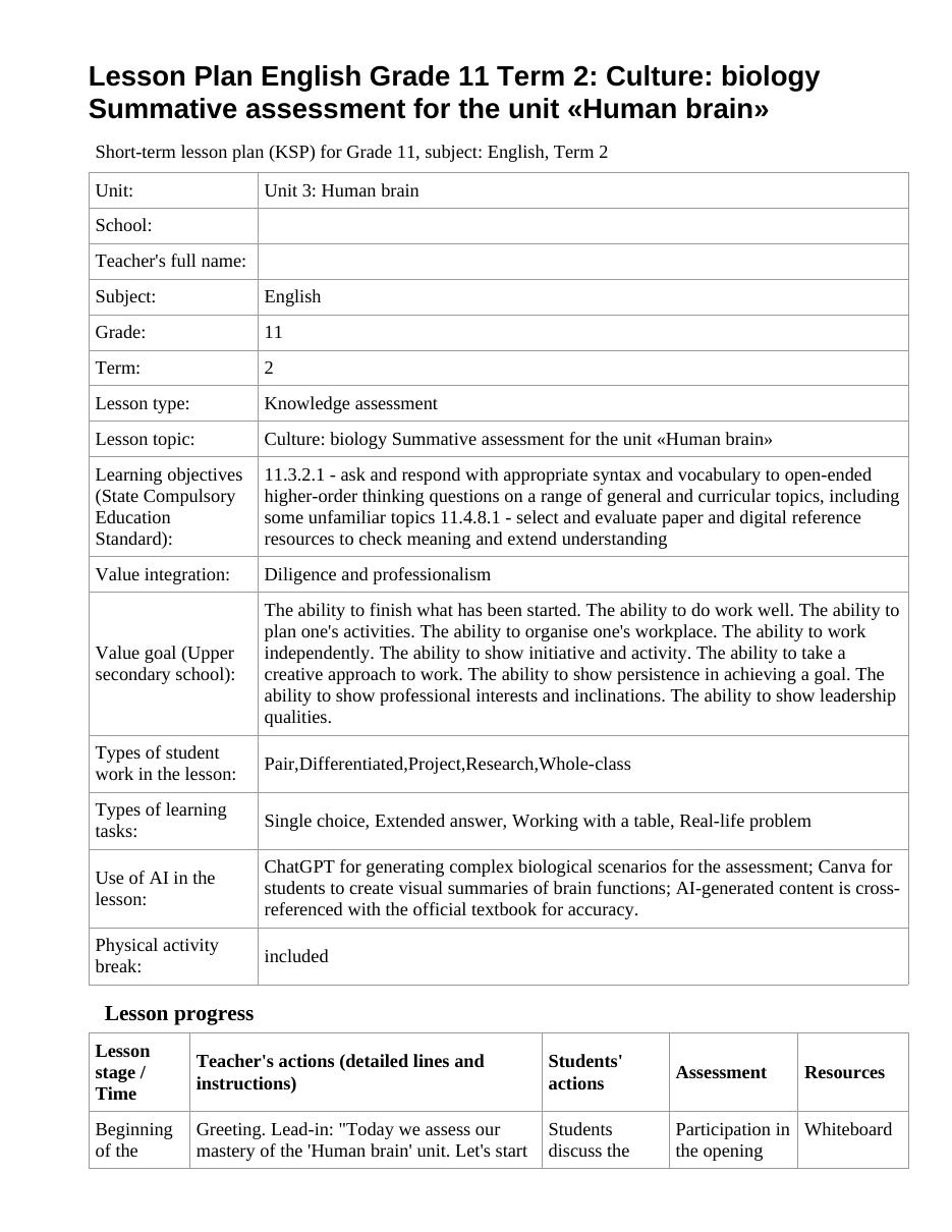 Lesson Plan English Grade 11 Term 2: Culture: biology Summative assessment for the unit «Human brain»