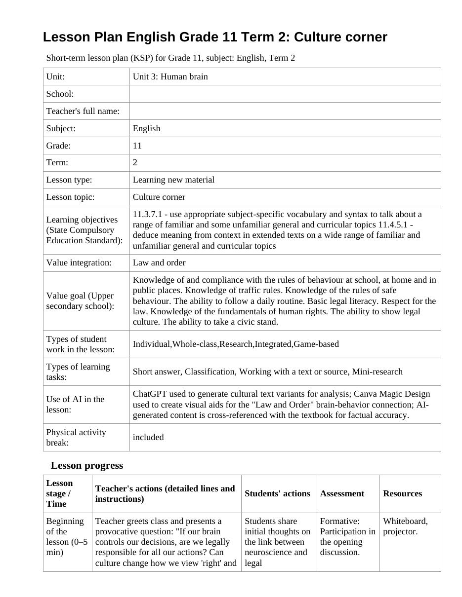 Lesson Plan English Grade 11 Term 2: Culture corner (lesson 1)