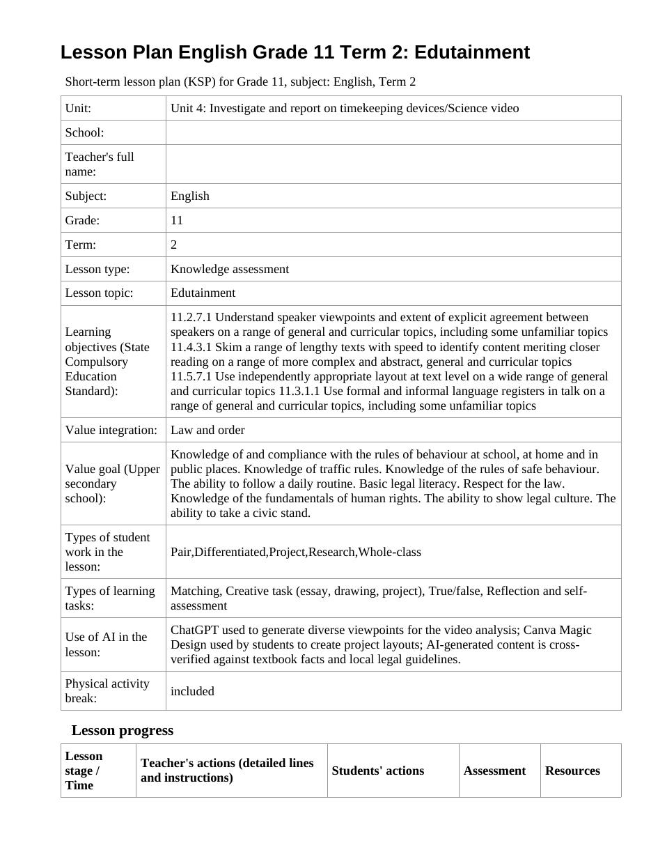 Lesson Plan English Grade 11 Term 2: Edutainment