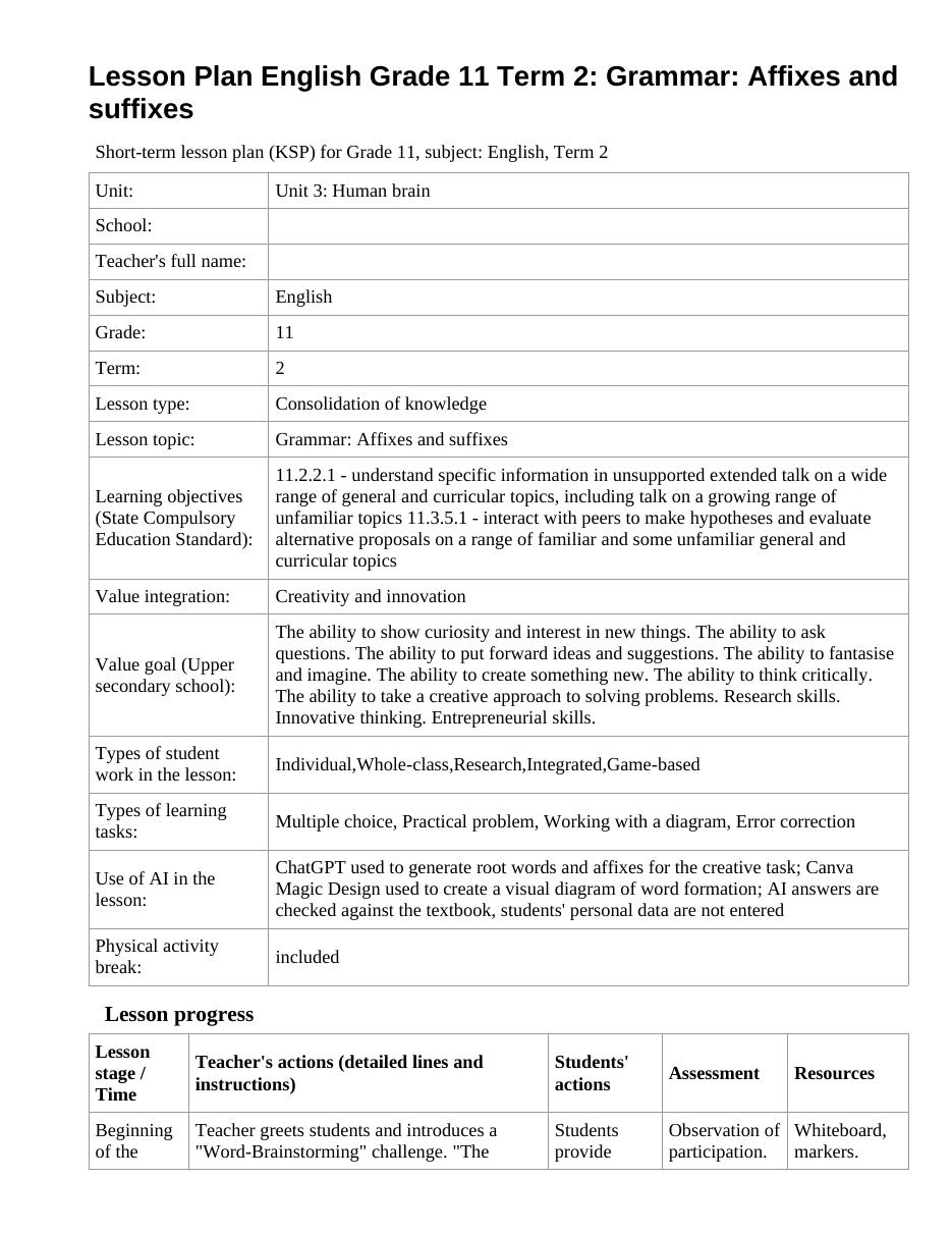 Lesson Plan English Grade 11 Term 2: Grammar: Affixes and suffixes