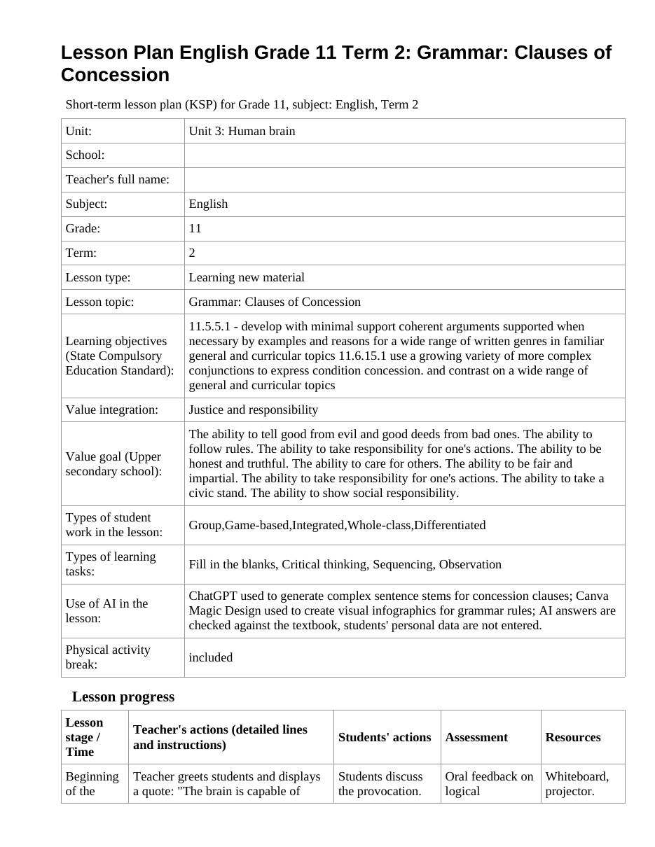 Lesson Plan English Grade 11 Term 2: Grammar: Clauses of Concession