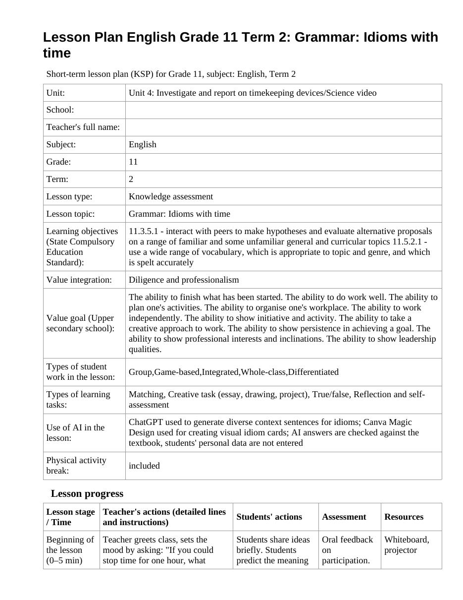 Lesson Plan English Grade 11 Term 2: Grammar: Idioms with time