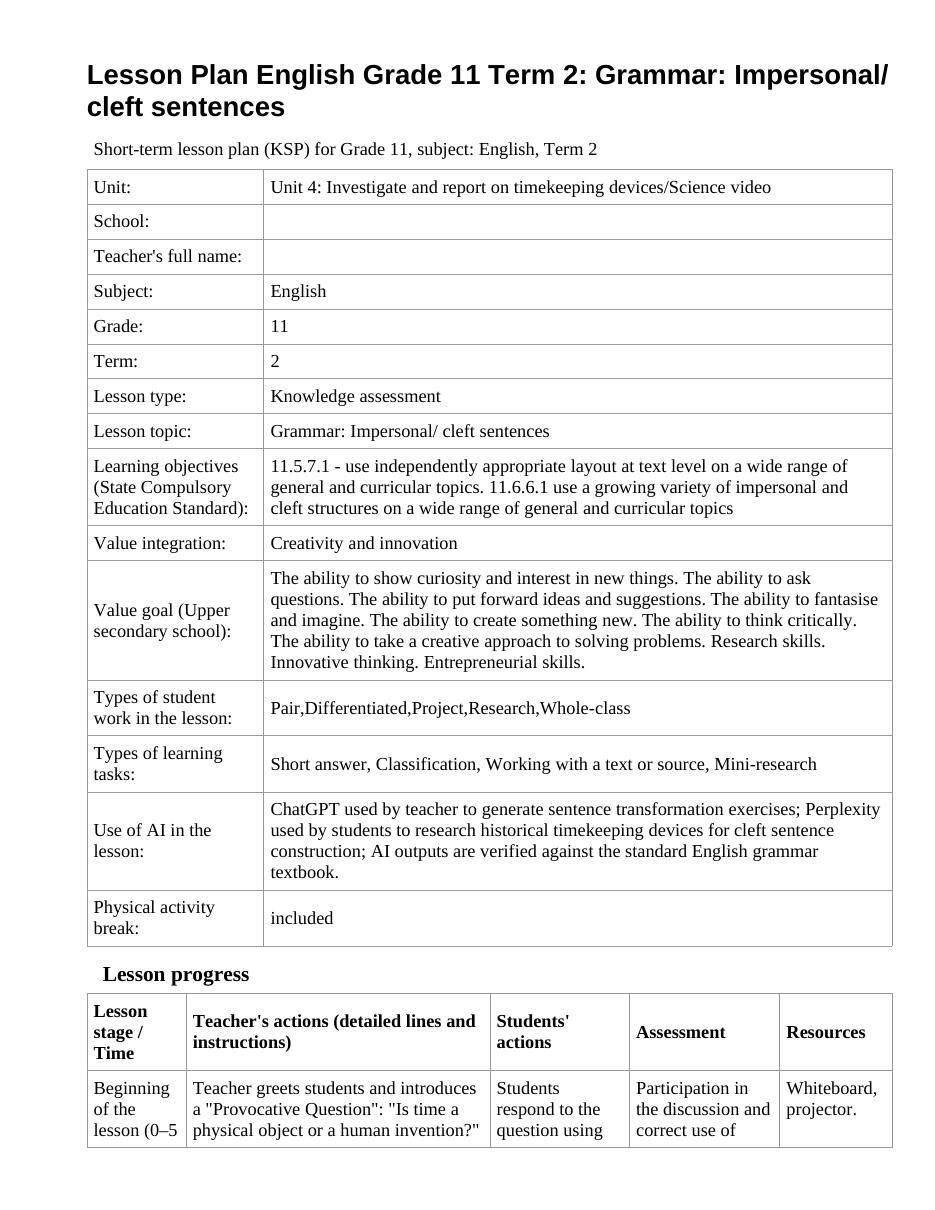 Lesson Plan English Grade 11 Term 2: Grammar: Impersonal/ cleft sentences